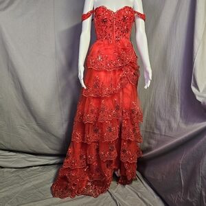 Vintys Glitter Tiered Lace Prom Dress in red
